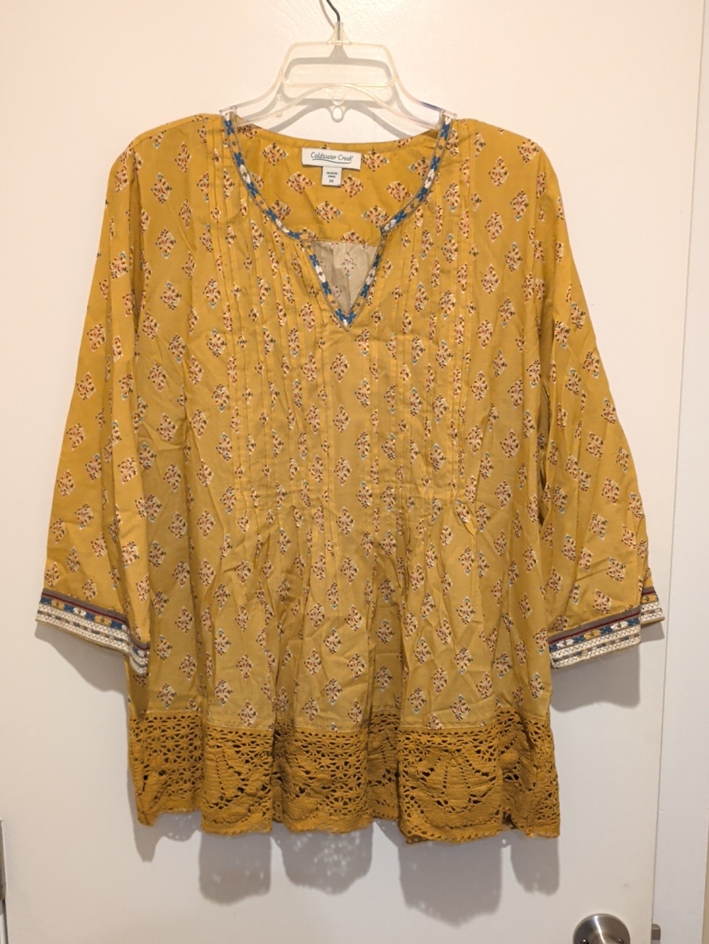 Coldwater Creek Mustard Floral Crochet-Hem Peasant Tunic